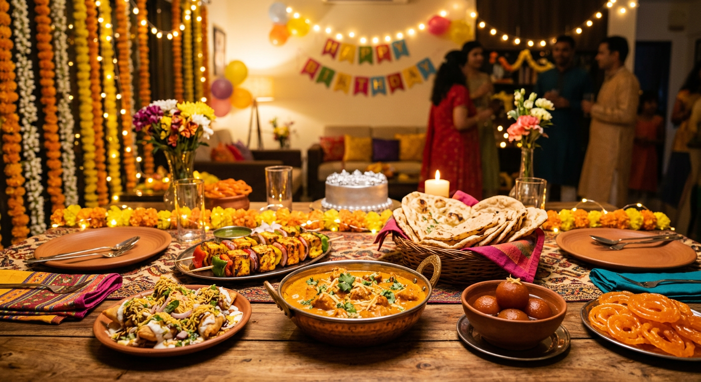 Placeholder image of a celebration table with Indian food