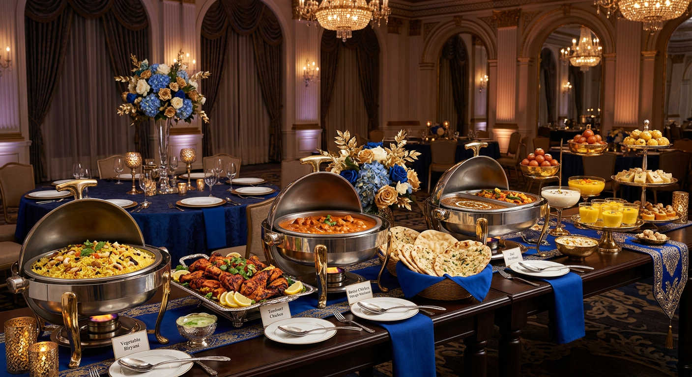 Placeholder image of an event buffet with Indian dishes