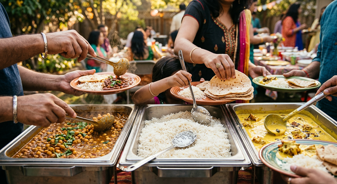 Placeholder image of guests serving Indian food at a family gathering