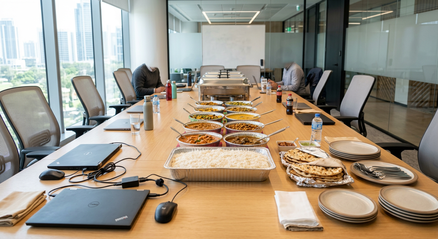 Placeholder image of an office team lunch with Indian catering trays